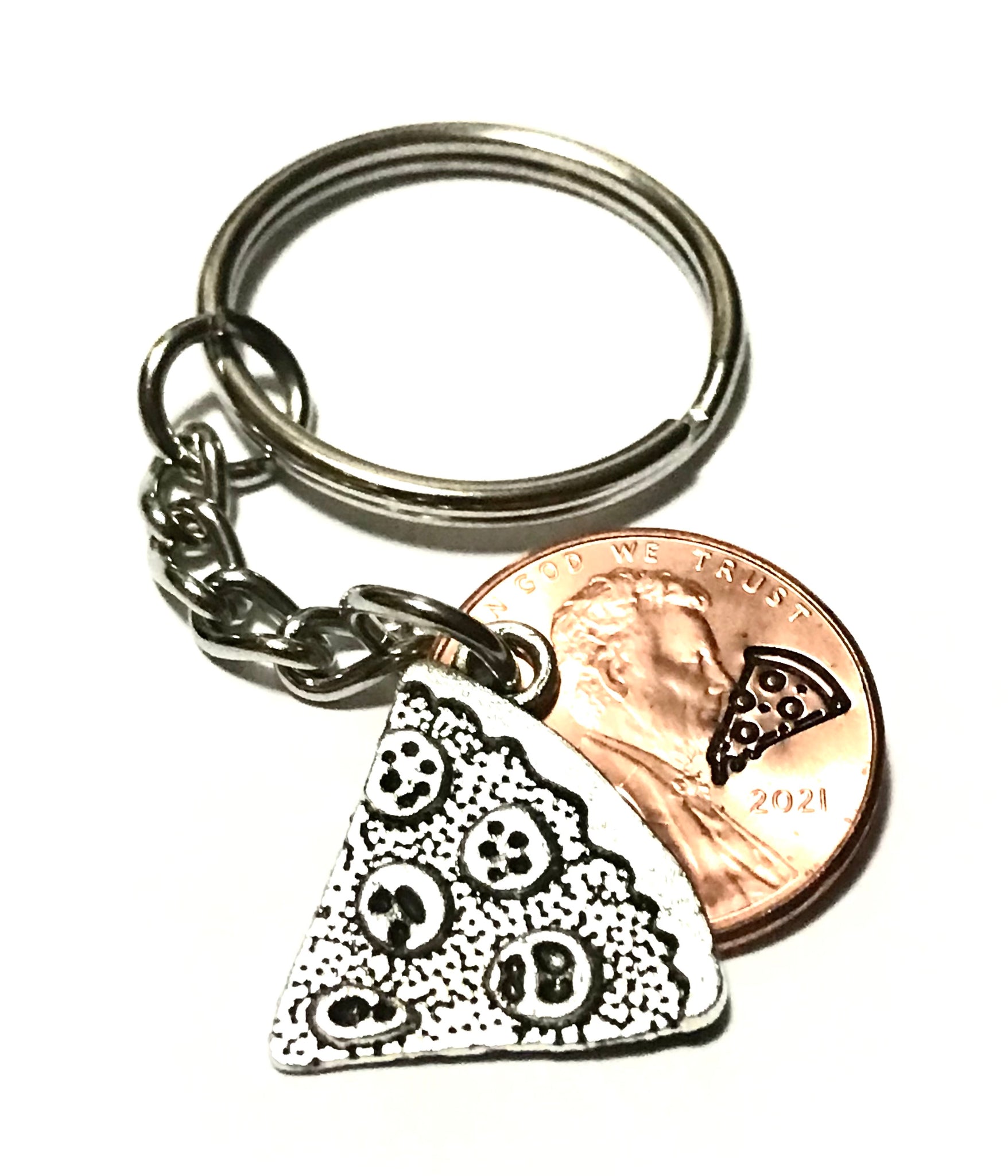 A Pizza Slice Silver Charm Lucky Penny Keychain with engraving of pizza slice above the date of a Lincoln Cent.