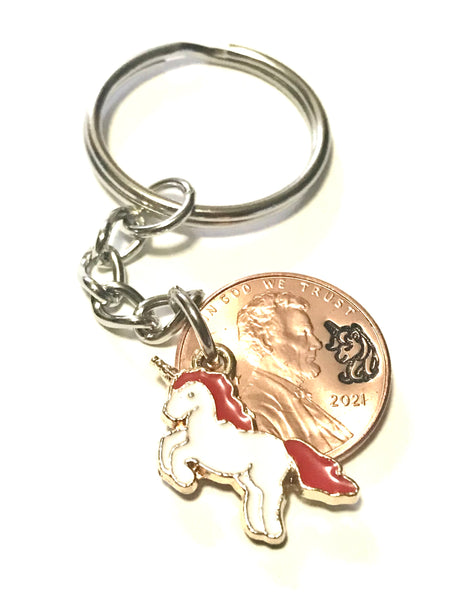 Unicorn Lucky Penny Keychain, Hand Stamped Design