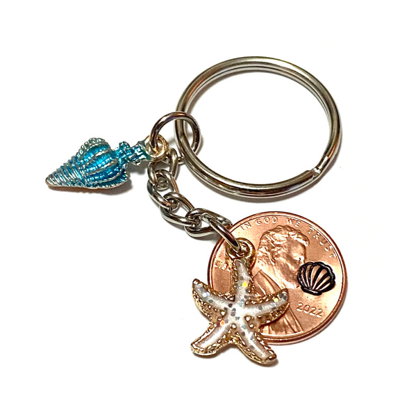 Seashell Keychain with option of engraving between a seashell and a starfish for a great Lucky Penny Keychain.