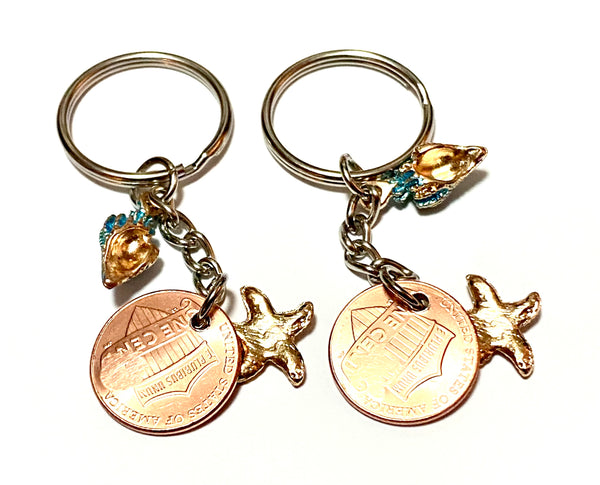 Seashell Keychain with option of engraving between a seashell and a starfish for a great Lucky Penny Keychain.