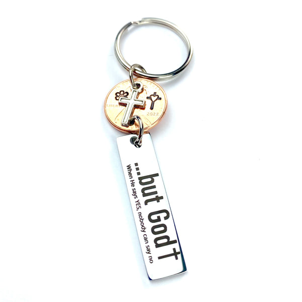 The silver stainless steel key tag on the But God Lucky Penny Keychain by Palmetto Charms & Etc. is a great way to organize your keys and find the right key fast.