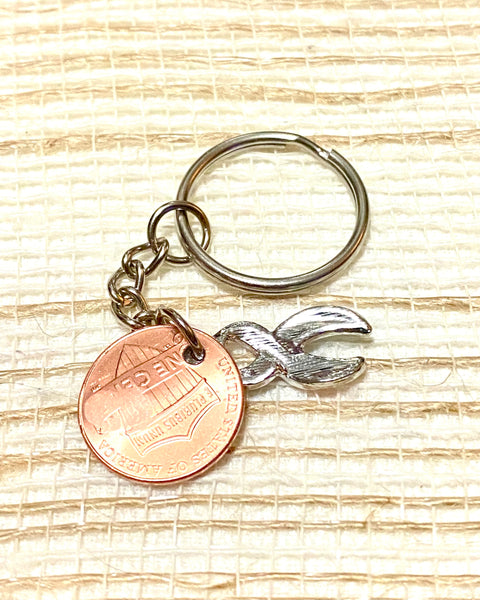 A rear view of our Sudden Infant Death Syndrome Charm Lucky Penny Keychain.