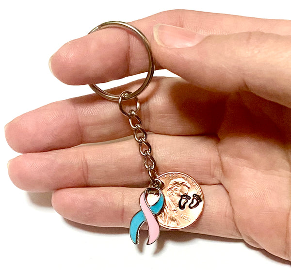 Baby Loss Awareness pink and blue ribbon charm on a Lucky Penny Keychain with a hand stamped penny.