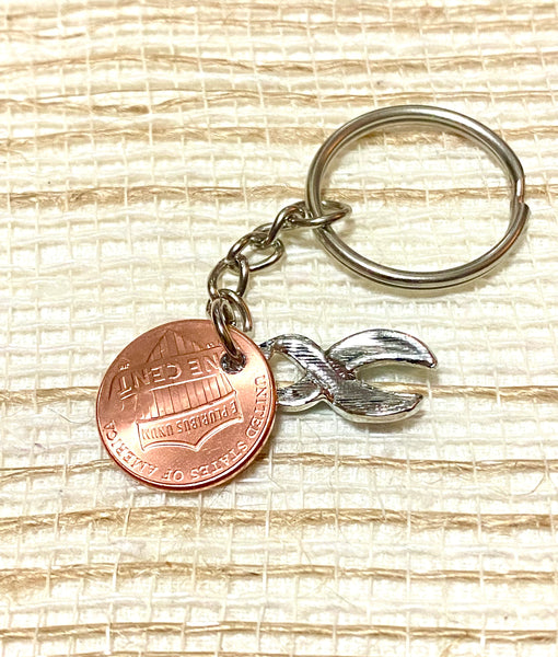 The rear view of a Lucky Penny Keychain with a custom stamped penny with an awareness ribbon charm.